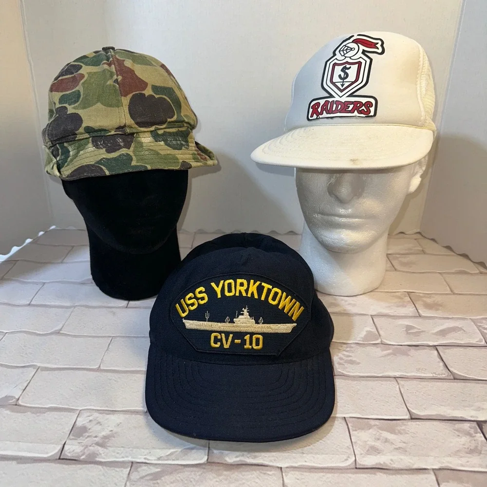 Vintage Hat Bundle USS Yorktown CV-10 Raiders Trucker Duck Camo Hunting Cap Lot